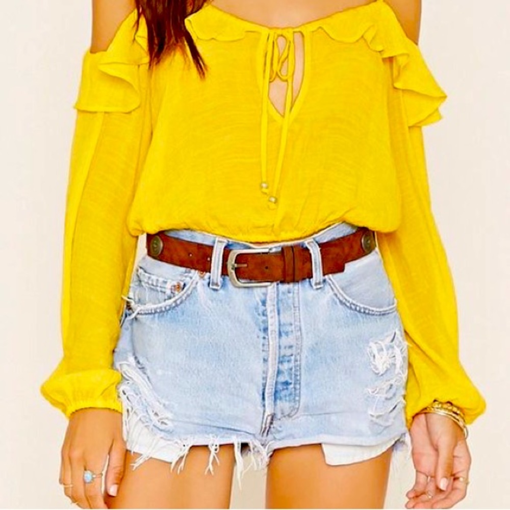 HOST PICK : Forever 21 Yellow Ruffled Open Shoulder Long Sleeved Boho Crop Top